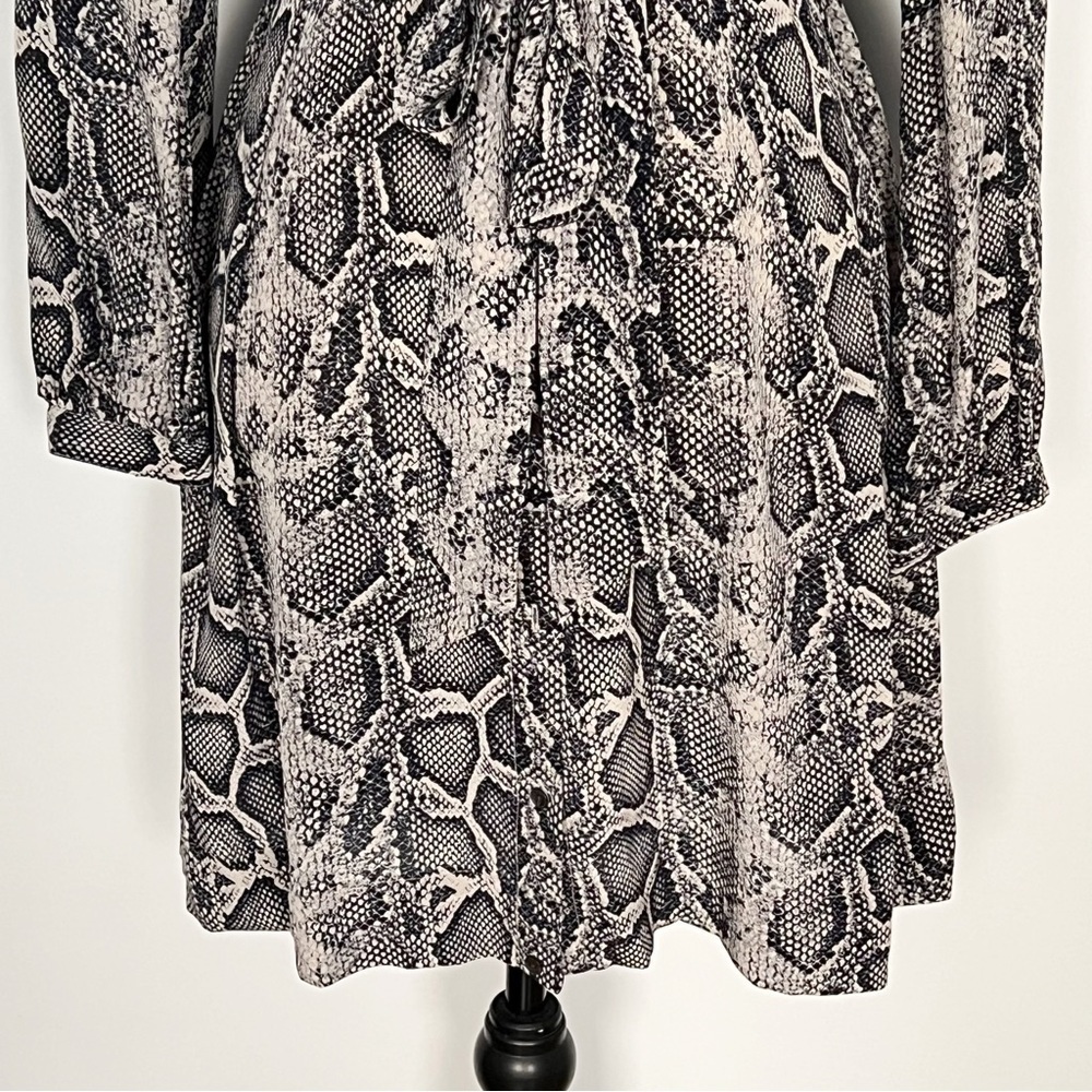 Rebecca Taylor Silk Tie-Waist Shirt Dress  Long Sleeve Snakeskin Print 4 Gray - Picture 6 of 16